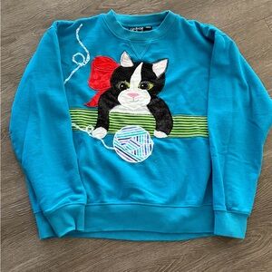 Patchwork Sewn Black Cat Applique Sweatshirt - Turquoise VINTAGE Grandma 80s